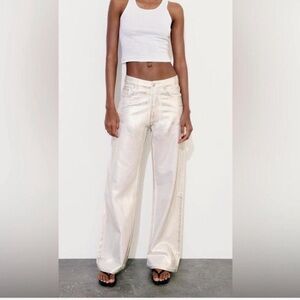 Zara Women's Off White Foil Gloss Wide Leg Jeans